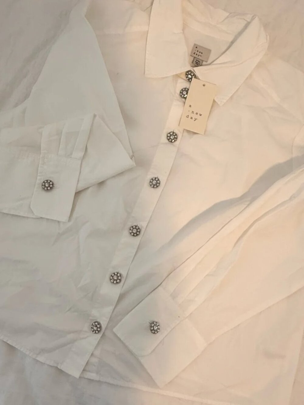A New Day White Blouse Rhinestone Jewel Button Shirt Women's XXL Work Top NWT - Picture 2 of 4